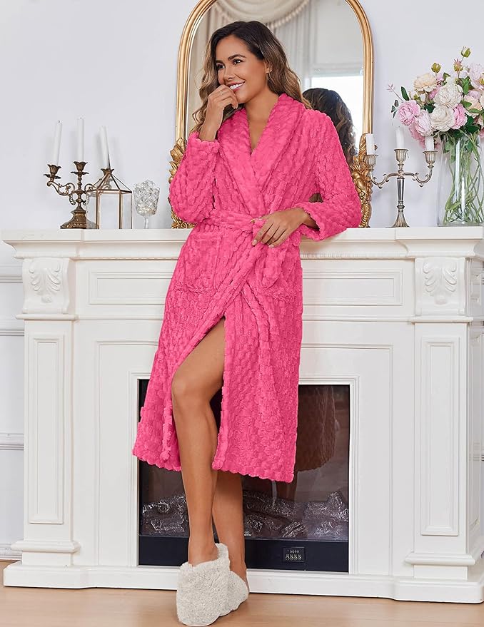 Ekouaer Women's Robe Long Plush Soft Bathrobe Jacquard Color Block Robes Shawl Collar Sleepwear with Pockets S-XXL