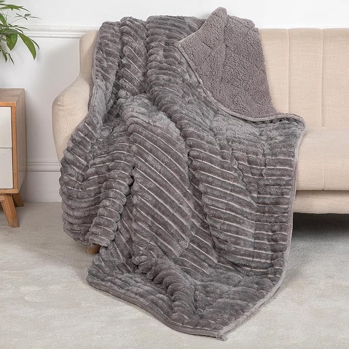 Sherpa Fleece Weighted Blanket with 3D Ribbed Stripes, 12 lbs Soft Flannel Heavy Throw Blanket for Couch Bed Sofa, Heavy Thick Blankets with Ceramic Beads, Great for Sleep, 48" x 72"