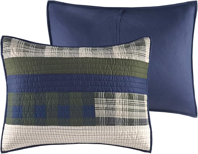 WOOLRICH Spruce Hill Reversible Quilt Set - Cottage Styling Reversed to Solid Color, All Season Lightweight Coverlet, Cozy Bedding Layer, Matching Shams, Oversized King/Cal King, Stripes Green 3 Piece