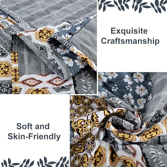 Mybedsoul Dark Grey Quilt Set King Size, 3 Pieces Plaid Floral Bedspread Set Patchwork Reversible Bedding Set Microfiber Lightweight Bedspread Coverlet Set for All Season 110"x90"