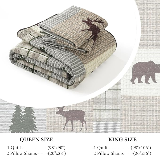 Uniclinens Quilt Set King Size, 100% Cotton Quilted Quilt Bedding Set Bedspread, Bear Tree Elk Farmhouse Rustic Quilt, Patchwork Plaid Comforter Set, 3 Pieces Set with 2 Pillowshams, Brown/Grey/Green