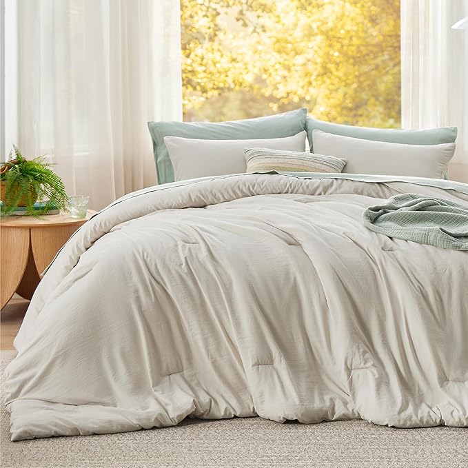 Bedsure Super King Plus Size Comforter Set, Beige Soft Prewashed Bedding for All Seasons, 3 Pieces GentleSoft™ Bed Set, 1 Lightweight Comforter (128"x120") and 2 Pillowcases (20"x36")