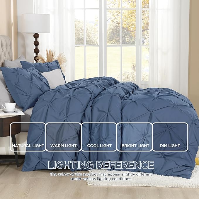 Litanika Ocean Blue King Pinch Pleat Duvet Cover, 3 Pieces Pintuck Cover Soft Microfiber Bedding Set with Zipper Closure & Corner Ties(104x90Inch-1 Duvet Cover, 2 Pillowcases)