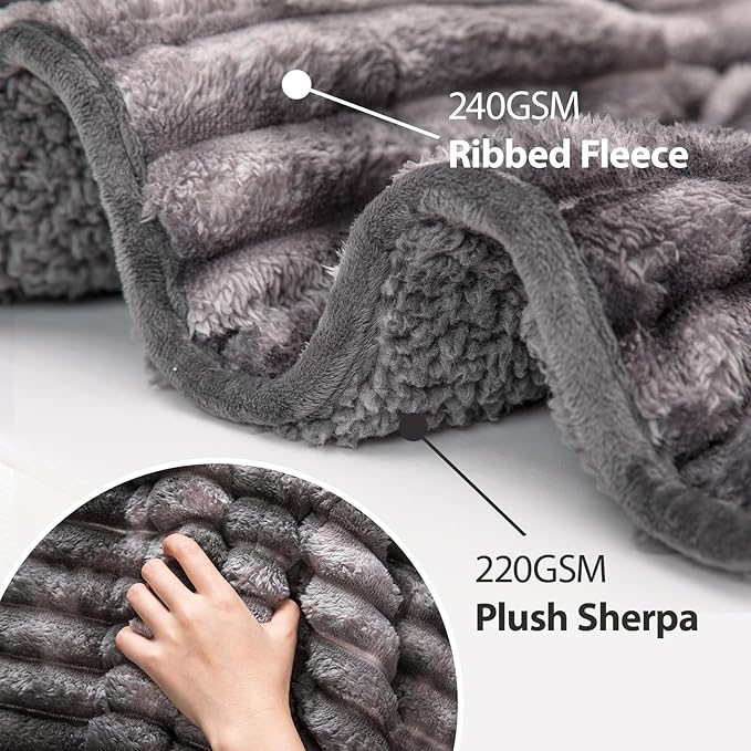 Sherpa Fleece Weighted Blanket with 3D Ribbed Stripes, 15 lbs Soft Flannel Heavy Throw Blanket for Couch Full Size Bed, Heavy Thick Blankets with Ceramic Beads, Great for Deep Sleep, 60" x 80"