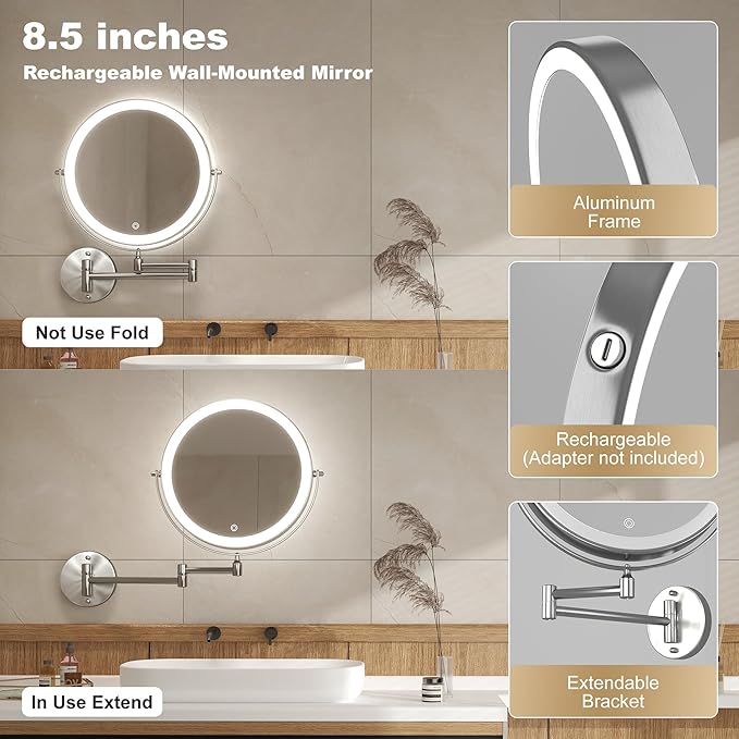 Hasipu 8.5-Inch Wall Mounted Makeup Mirror with Magnification, Rechargeable 2000 mAh Vanity Mirror with Lights, Bathroom Mirror with Dimmable Brightness, 3 Lighting Modes, Extendable Arm, Nickel