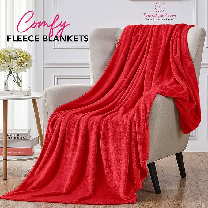 Personalized Blankets for Adults - Custom Blanket with Embroidered Name or Monogram - Soft Fleece Throw Cover for Bed & Couch - Red (40"x60")