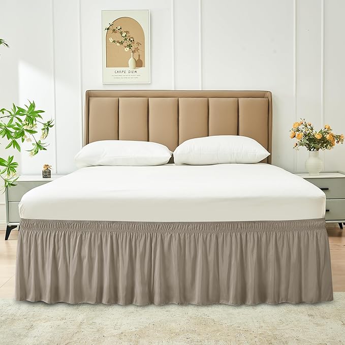 Biscaynebay Wrap Around Bed Skirts for Full & Full XL Beds 15" Drop, Taupe Adjustable Elastic Dust Ruffles Easy Fit Wrinkle & Fade Resistant Silky Luxurious Fabric Machine Washable