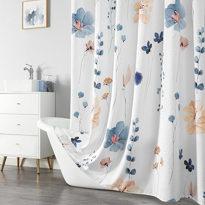 QiyI Extra Long Shower Curtain 72 x 84, Modern Watercolor Floral Shower Curtains, 3D Embossed Textured Beige Flower Cloth Bathroom Curtain, Waterproof Fabric Farmhouse Shower Curtain Set with Hooks