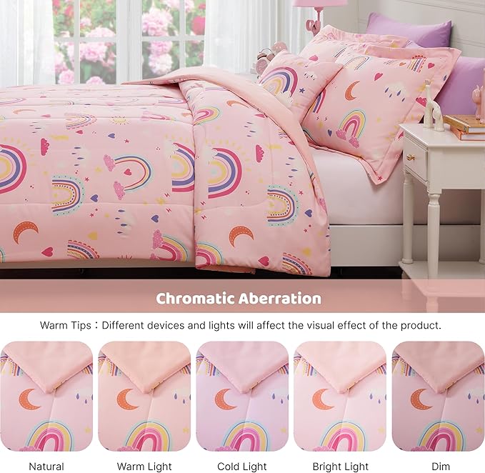 Twin Comforter Set for Girls-3 Pieces Pink Rainbow Glow in The Dark Twin Bedding Sets for Kids,1 Comforter,1 Sham and 1 Decor Pillow