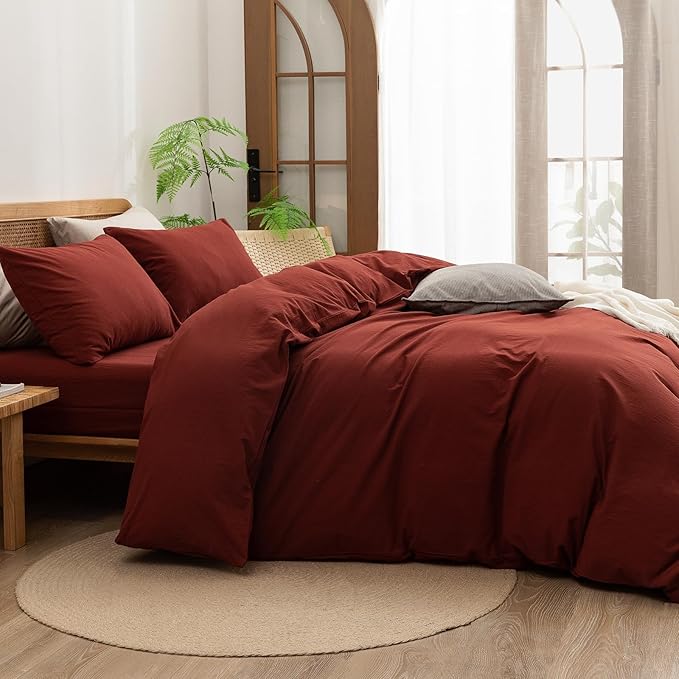 BESTOUCH Duvet Cover Set 100% Washed Cotton Linen Feel Super Soft Comfortable Chic Lightweight 3 PCs Home Bedding Set Solid Fired Brick Red Cal King