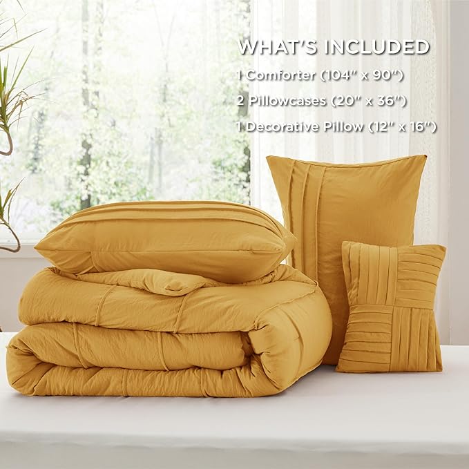 Bedsure King Comforter Set - 4 Pieces Pinch Pleat Bed Set, Mustard Yellow Boho Bedding for All Season, 1 Soft Comforter, 2 Pillowcases, 1 Decorative Pillow