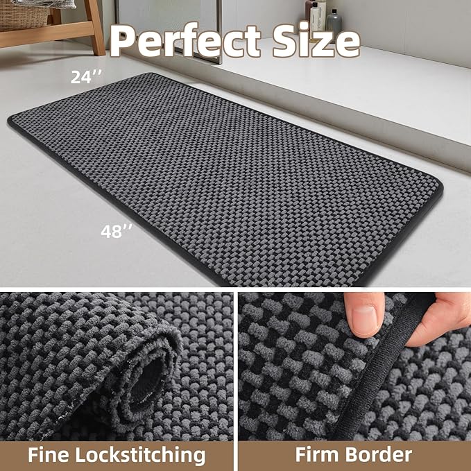 PADOOR-Bath Mat Runner-Super Absorbent Chenille Bathroom Mats-Rubber Backed Bath Mats for Bathroom Non Slip, Easy Clean Bathroom Runner Rugs Front of Bathtub,Shower Room,Sink-24×48