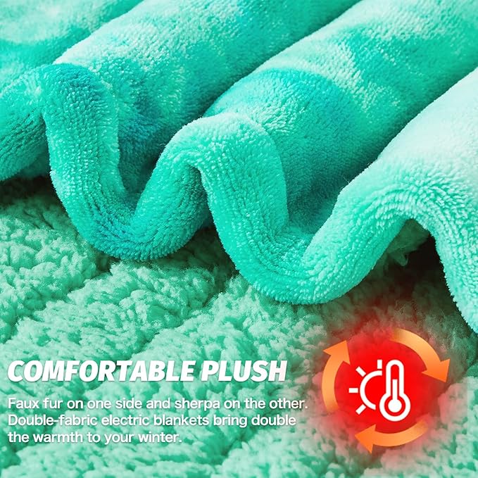 greenoak Heated Electric Blanket Throw, Faux Fur Sherpa Heating Blanket for Sofa Bed, Warm Winter Gifts for Women/Her, Heater Lap Blankets 5-Position Timer &10 Heating Levels 84''*90" Aqua