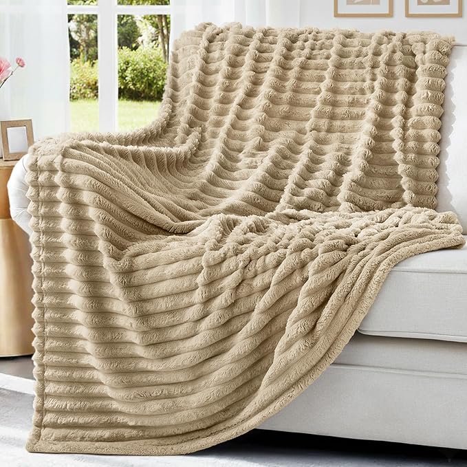 decorUhome Christmas Soft Fleece Light Brown Throw Blanket for Couch, Cozy Fluffy Plush Flannel Striped Blanket for Sofa Bed, Lightweight Decorative Ribbed Fuzzy Blanket for Woman, 50x60 Inches
