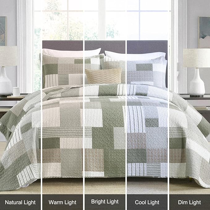 Uniclinens Plaid Quilt Set Queen Size, Patchwork Light Green Quilt Bedding Set, 100% Cotton Bedspreads, Farmhouse Rustic Lightweight Comforter, 3 Pieces Set with 2 Pillowshams, Green/Brown/Beige
