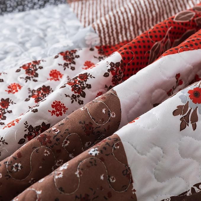 HoneiLife Quilt Set Queen Size - 3 Piece Microfiber Bedspread Reversible Coverlet Patchwork Bedding Set Lightweight Bedcover Floral Bedspreads All Season Quilts-Amaranth Red