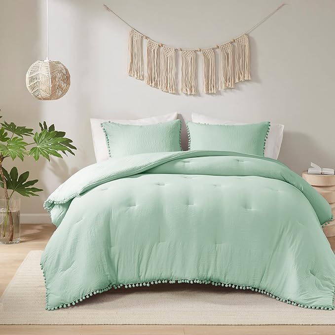 Codi Sage Green King Comforter Set - Boho Chic Bedding with Elegant Pom Fringe, Soft Washed Microfiber 3pc Luxury Set, Lightweight & Breathable for Master Bedroom, 1 Comforter & 2 Pillow Shams