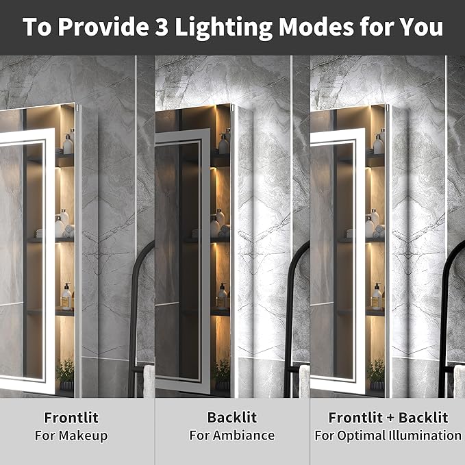 24"x32"Lighted Medicine Cabinet with Mirror, Recessed or Surface Mount LED Medicine Cabinet, Front&Backlit, Anti-Fog, Stepless Dimming, 3-Color Temperatures, Adjustable Shelves, Right Hinge