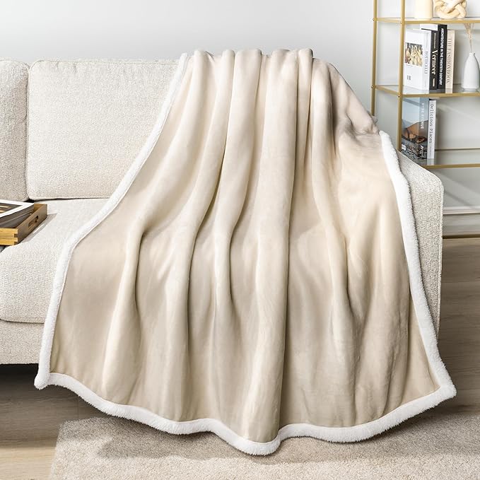 PAVILIA Sherpa Fleece Throw Blanket for Couch, Cream Beige, Plush Soft Fuzzy Sofa Blanket, Cozy Reversible Winter Throw for Women Men, 50x60 Inches