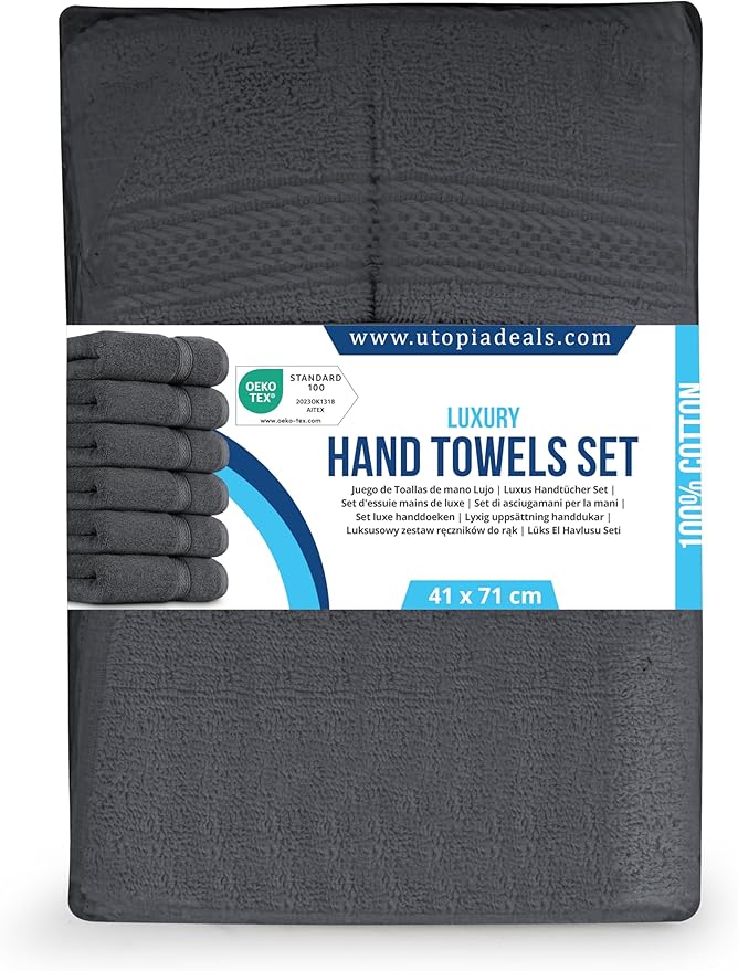Utopia Towels 6 Pack Premium Hand Towels Set, 16 by 28 inches, 100% Ring Spun Cotton, Ultra Soft and Highly Absorbent 600GSM Towels for Bathroom, Gym, Shower, Hotel, and Spa, Grey