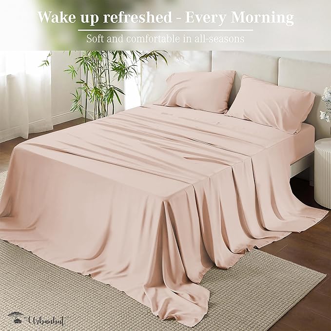 URBANHUT Egyptian Cotton Twin Sheets, 4Pc Set - Soft Luxury Sateen Weave Hotel Sheets, 14'' Deep Pocket - Blush