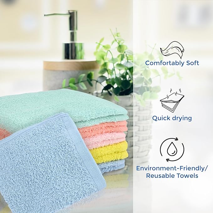 Crystal Ridge Cotton Wash Cloths 10 Pack - Washcloths for Showering, Face and Body, Soft and Highly Absorbent Multipurpose Towels for Bathroom, Kitchen, Spa and Gym - Wash Rags 12 x12 (Pastel)