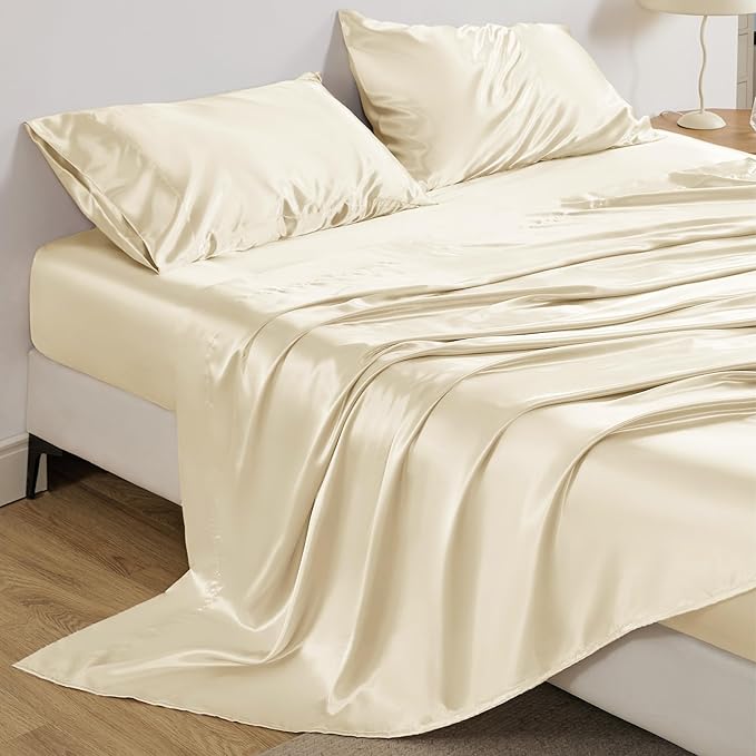 Bedsure Satin Sheets Queen Size - 4 Piece Silky Bedsheets with 15 Inches Deep Pocket Fitted Bedsheet,1 Flat Sheet, 2 Satin Pillowcases, Good for Hair & Skin (Queen, Cream)