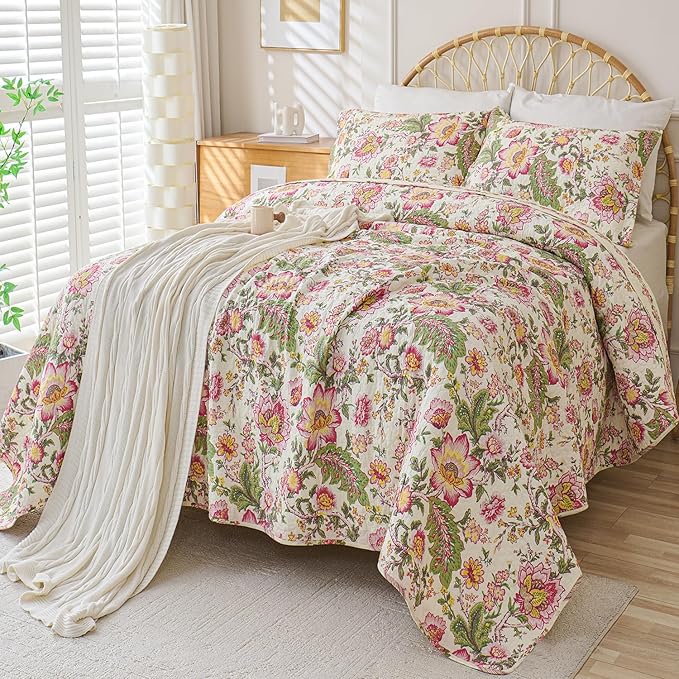 Cmfshape Floral Quilt Sets Bedspread Set 100% Cotton Bedding Set, All Season Use Lightweight Reversible Coverlet Quilts with 2 Pillow Shams(Queen 92"x96")