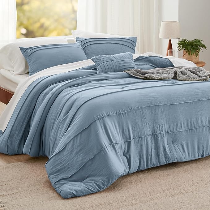 Bedsure California King Comforter Set - 4 Pieces Pinch Pleat Bed Set, Light Blue Boho Bedding for All Season, 1 Soft Comforter, 2 Pillowcases, 1 Decorative Pillow