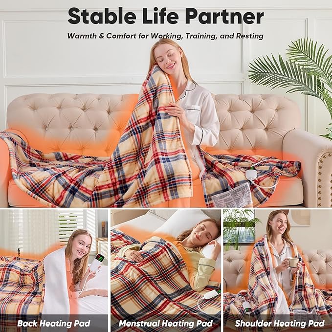 Heated Blanket Electric Throw, 50X60, Heating Throw with 10 Heating Levels & 8 Hours Auto Off, Plaid Checkered Sherpa Blanket Warmer for Adults, Farmhouse Home Decor for Couch Bed Office Gifts for Mom