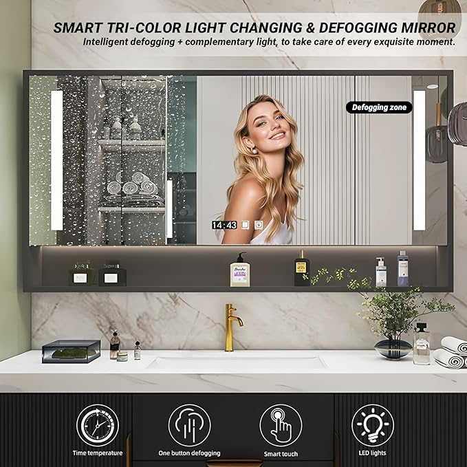 Bathroom Vanity with Single Sink, Modern Bathroom Vanities Compo Includes LED Smart Defogging Mirror Cabinet and Open Shelf, Solid Wood Bathroom Sink Vanity with Slate Countertop (Dark Grey,48")