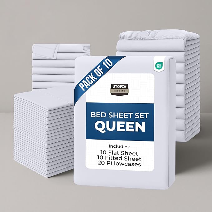 Utopia Bedding Queen Bed Sheets Set - Pack of 10 Sheet Sets - Perfect for Spa, Hotel, & Guest Bedroom - Brushed Microfiber - Shrinkage and Fade Resistant - Easy Care (White)