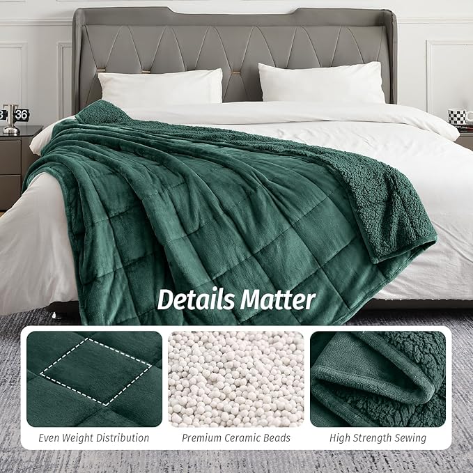 Wemore Sherpa Fleece Weighted Blanket for Adult, 15 lbs Dual Sided Cozy Fluffy Heavy Blanket, Ultra Fuzzy Throw Blanket with Soft Plush Flannel Top, 48 x 72 inches, Green on Both Sides