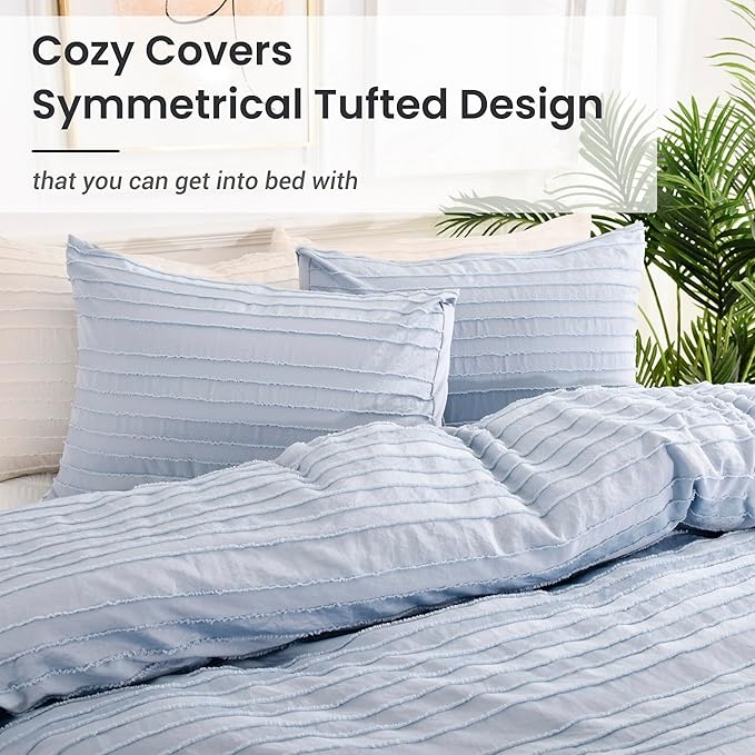 NEXHOME PRO Duvet Cover Queen Size, Blue 3 Pieces Boho Tufted Duvet Cover Set, Soft and Lightweight Microfiber Comforter Cover Set for All Season (Blue, 90 x 90)-No Comforter