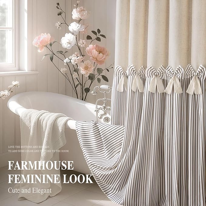 Farmhouse Shower Curtain Linen Beige Bow Woven Fabric Country Rustic Western, Pleated Brown Stripe 72" W x 72" L