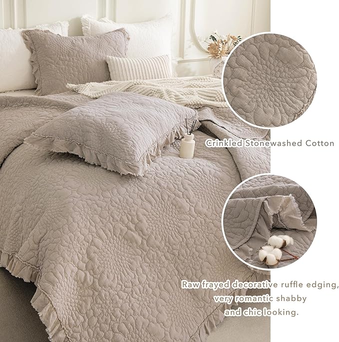 QSH 3PCs Linen Feel Oversized King Quilt Bedspread Set(120"x120"),Stonewashed Cotton Ruffled Quilt California King,Ultra Soft Lightweight Crinkle Shabby Bedspread Coverlet Bedding Set for All Seasons