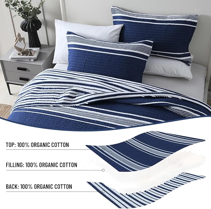 Striped Queen Size Quilt - 100% Cotton Navy Blue White Striped Modern Boys Men Unisex Quilt Bedspread for Queen Bed, Lightweight Reversible Quilted Bedding Set with 2 Pillow Shams, All Season