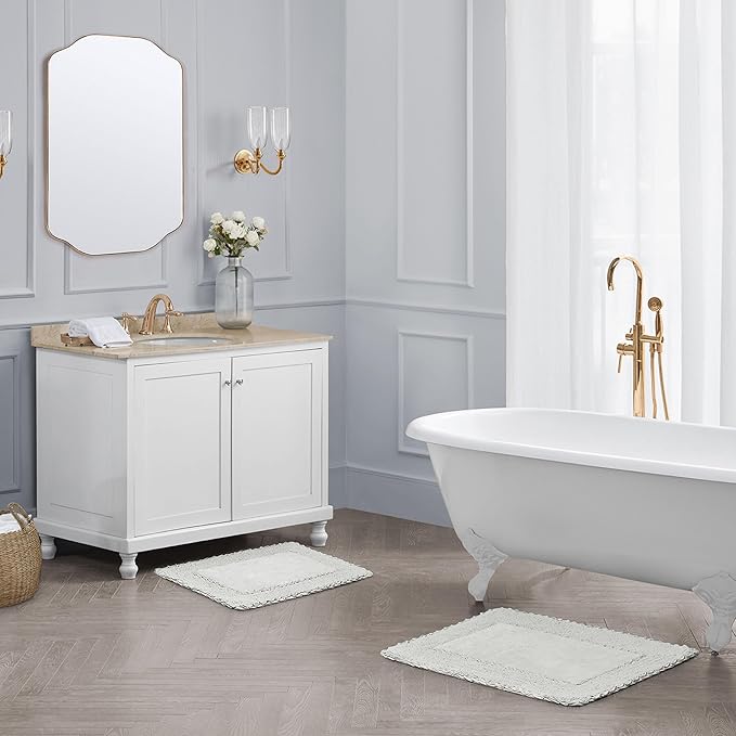Laura Ashley Ruffle Border 100% Cotton Bath Rug Set, Light Grey, 17" x 24"/ 20" x 32"