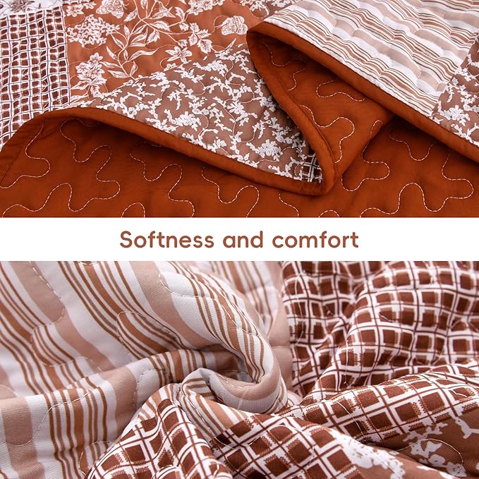 Mybedsoul Burnt Orange Quilt Set Queen Size, 3 Pieces Boho Plaid Terracotta Floral Bedspread Set Microfiber Lightweight Bohemian Bedding Bedspread Coverlet Set for All Season 90"x96"