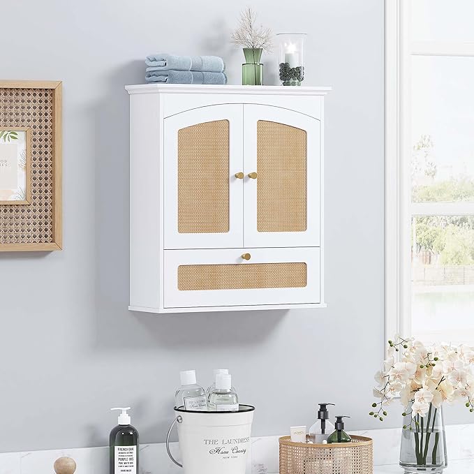 Spirich Bathroom Cabinet Wall Mount, Medicine Cabinet for Bathroom, Over The Toilet Storage Cabinet with Rattan Doors and Tilt-Out Cube
