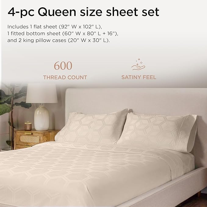 Threadmill 100% Cotton Sheets for Queen Size Bed - 600 Thread Count Queen Bed Sheets Set with 16” Deep Pocket - Jacquard Sateen Weave 4-Piece Bedding Set with Cooling Effect, Beige
