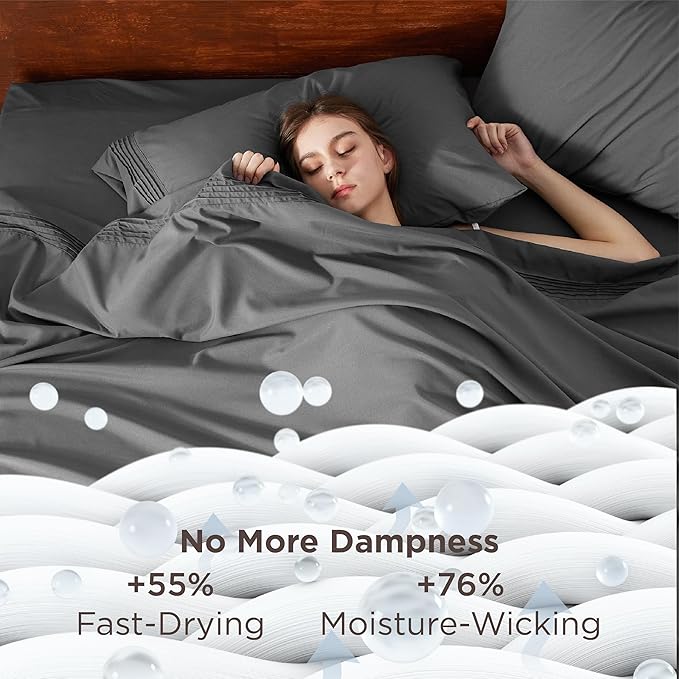 Bedsure Deep Pocket Full Size Bed Sheets Set - Fits Mattresses Up to 21 Inches Thick - 4 Piece Bed Sheets, Moisture Wicking, Soft & Cooling Bedsheet & Pillowcases, Easy & Secure Fit, Dark Grey