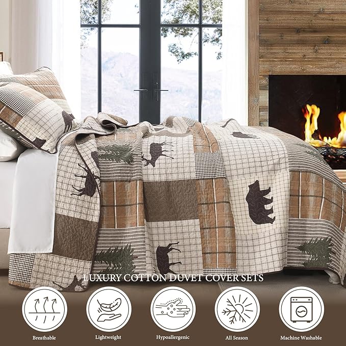 Uniclinens 100% Cotton Quilts Queen Size - Farmhouse Cabin Lodge Bear Deer Tree Quilt Set, Soft Patchwork Plaid Bedspreads Lightweight Quilted Comforter with 2 Pillow Shams, Green/Brown/Cream