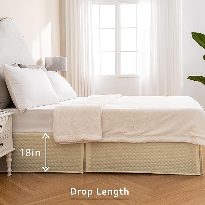 MIYE Pleated Waffle Weave Bed Skirt, Tailored Dust Ruffle 18 Inch Drop Easy Fit, Machine Washable,No Split Corners (Light Beige, Cal King - 18" Drop)