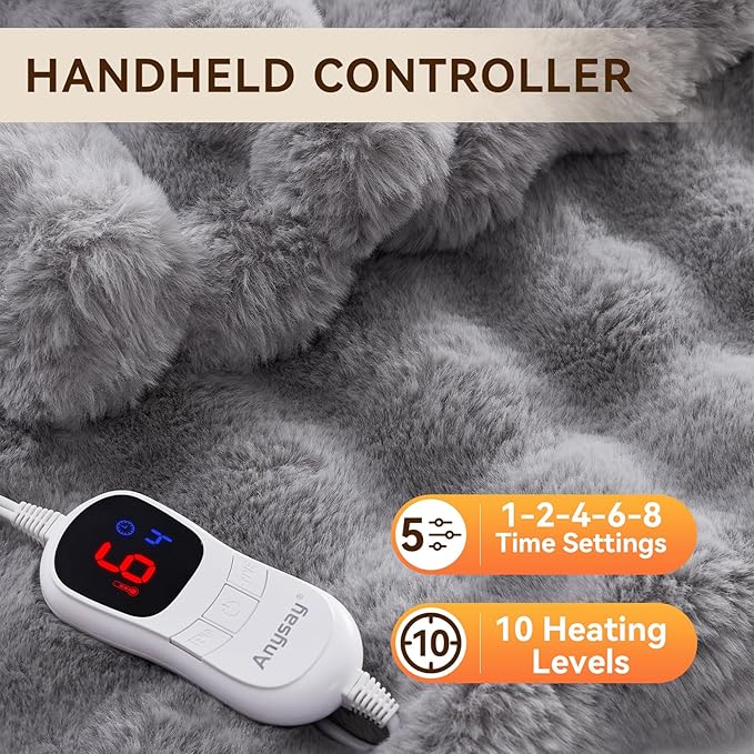 Heated Blanket Full Size with 1/2/4/6/8 Hours Auto-Off 10 Heat Level, 62'' * 84'' Cozy Faux Rabbit Fur Bubble Electric Blanket with Overheat Protection(Light Grey)