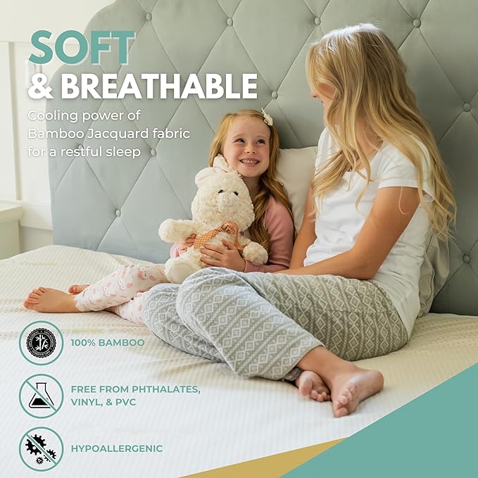 Twin Size 39x75” Premium Bamboo Waterproof Mattress Protector, 100% Viscose from Bamboo, Hypoallergenic, Cooling Mattress Pad Cover, Soft & Breathable Fitted Sheet Style up to 18" Deep - Rest Line