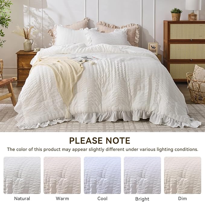 JOLLYVOGUE White Comforter Full Size, 3 Pieces Seersucker Lightweight Full Size Bedding, All Season Fluffy Microfiber Bedding Comforter Set with 1 Ruffle Comforter and 2 Ruffle Pillowshams