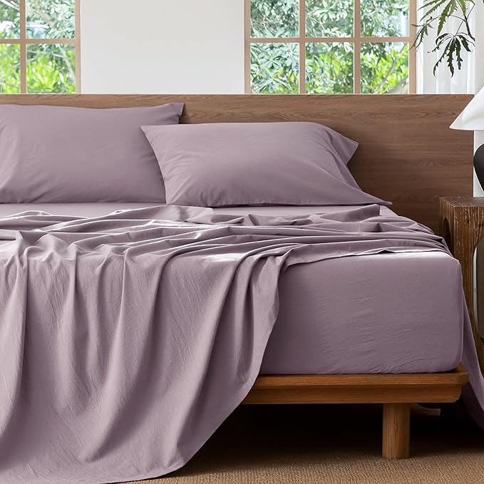 MooMee Bedding Sheet Set 100% Washed Cotton Linen Like Textured Breathable Durable Soft Comfy (Solid Taro Purple, Queen)