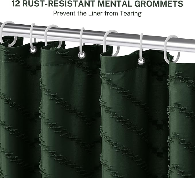 Extra Long Dark Green Boho Shower Curtain with Tassel, Woven Fabric 96 in Shower Curtain, Tufted Chevron Striped, 72 x 96, Modern Chic Textured Minimalist Bathroom Shower