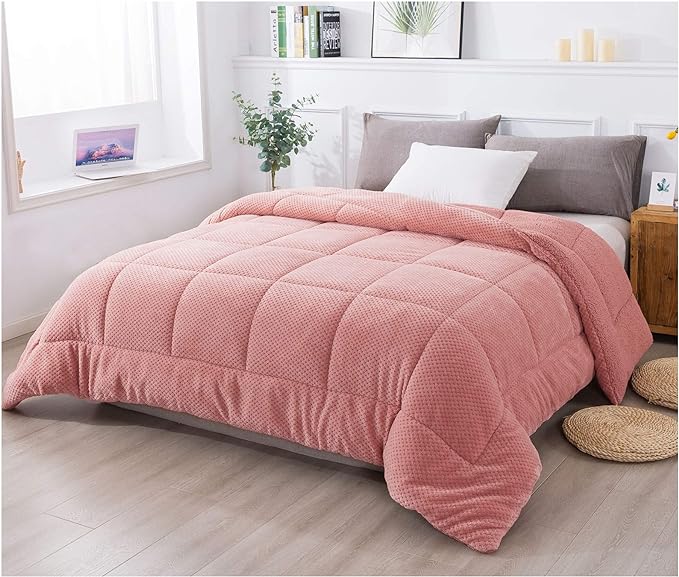 KASENTEX Super Ultra Soft Luxury Plush Sherpa Comforter, Cozy Reversible Fleece - Goose Down Alternative Fill, Machine Washable Bedding, Sunset Rose Pink, King Size